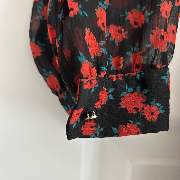 Zara Floral Long Sleeve Dress Red Black Size M - Picture 6 of 14